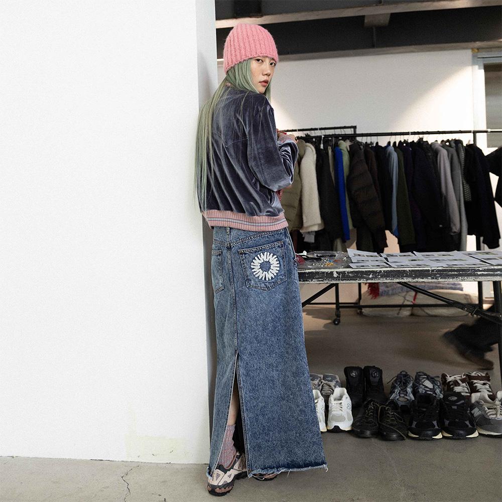 999Hyumeoniti Full Length Denim Skirt (Stone Black)