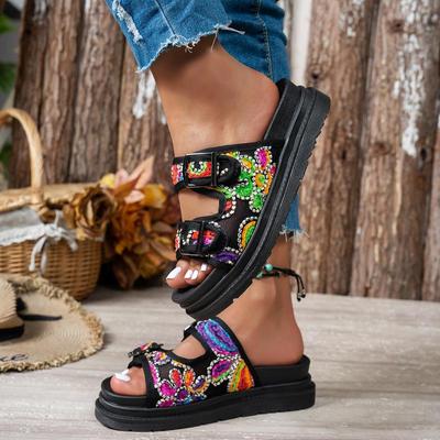 Sommer Damen Bunte Dicke Sohle Sandalen Doppelschnalle Outdoor Große Größe Zapatos Blumenmuster Frau Slipper