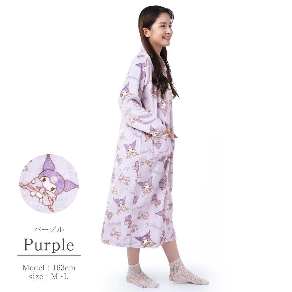 Kuromi Front Ribbon Kuromi [SAZAC] Dress, Nightgown, Flannel, Women's, Button, Loungewear, (Purple/M-L/SAN1751)
