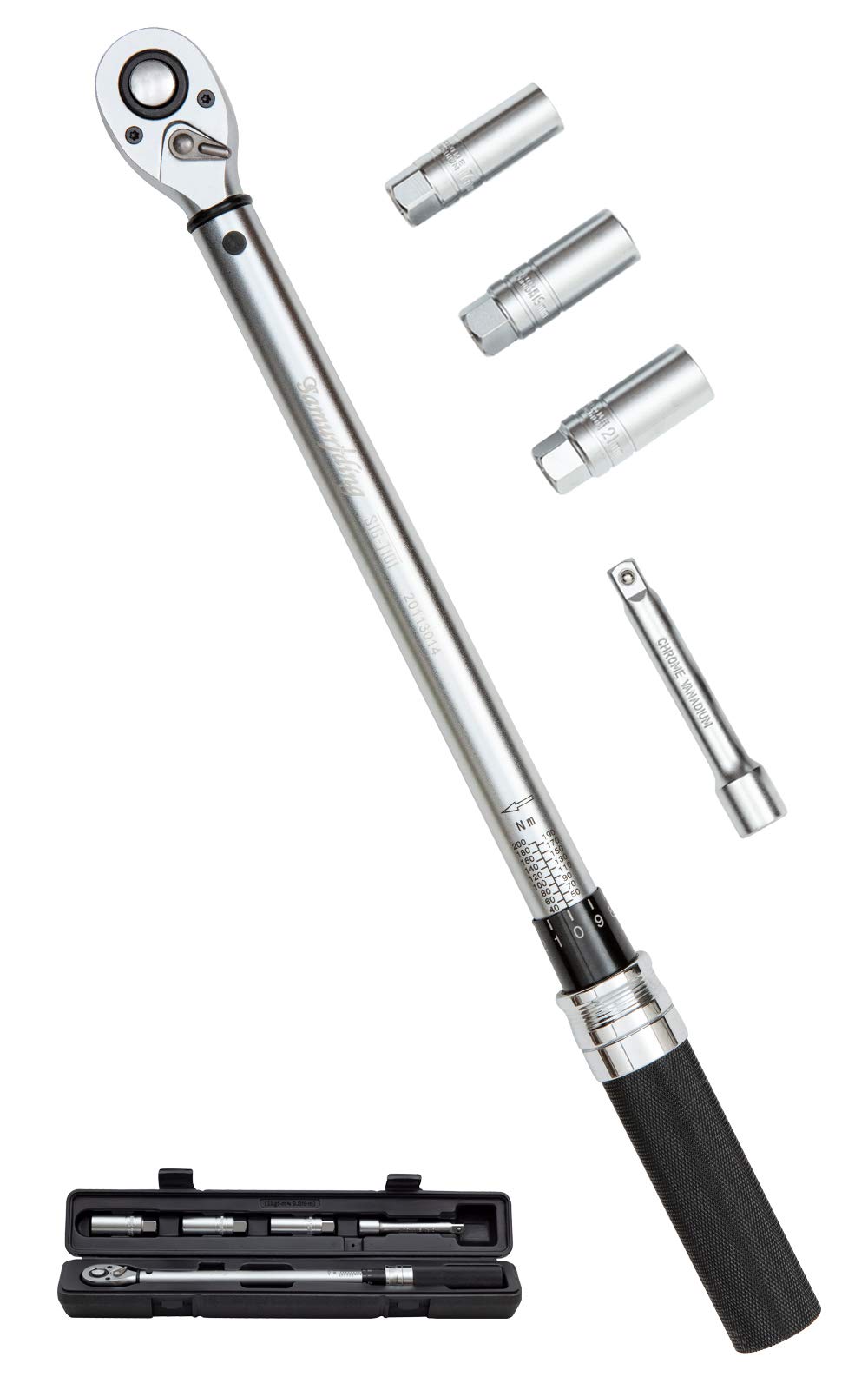 

Samuriding Torque Wrench, Made in Taiwan, with Lock Ring and High-Visibility Graduations, 12.7mm (1/2-inch) Thin-Nose Long Socket, 40-200Nm (Black)