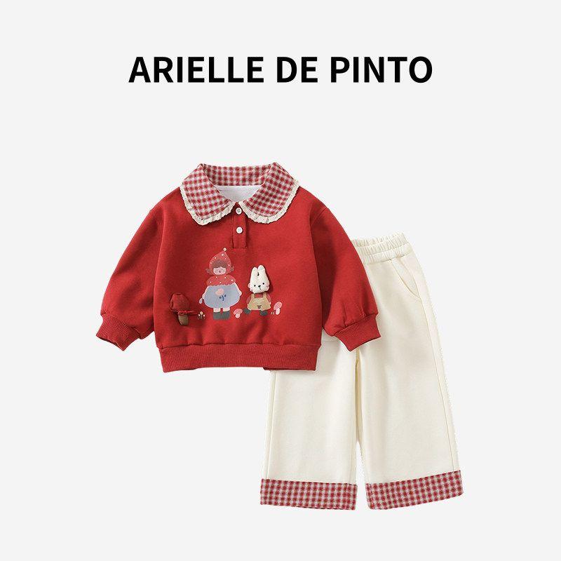 Французский детский костюм Arielle De Pinto Весенне-осенний стиль Мультяшная грибная рубашка-поло Клетчатый повседневный костюм Red 120