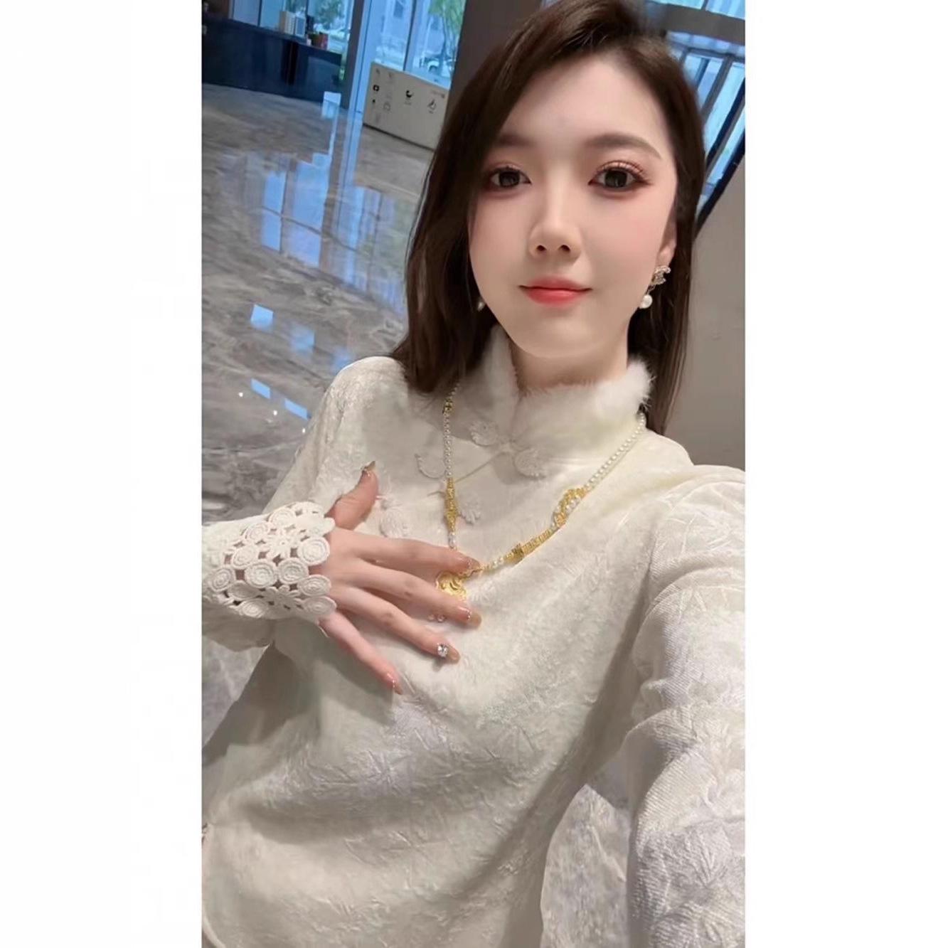 Chic Winter White Plus Velvet Frog Button Shirt - Elegant, Modern Chinese Style Large