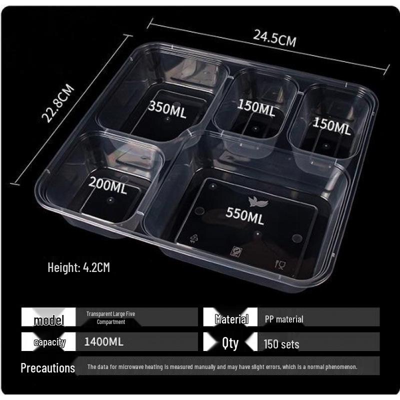 Custom Multi-Compartment Disposable Food Containers - 4, 5, or More Compartments - Takeaway Bento Fast Food Boxes, Rectangular Lunch Boxes