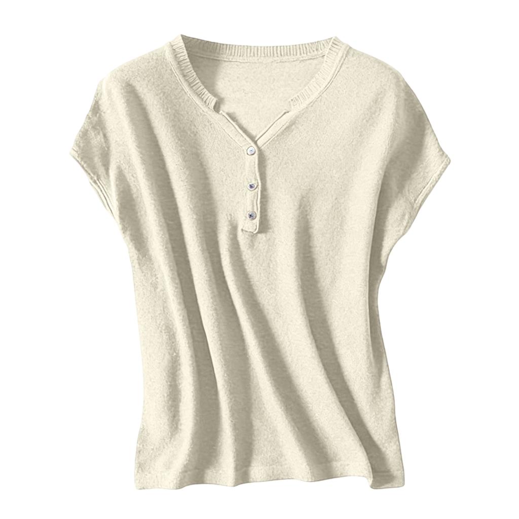 Women's V-neck Loose Button Placket Short Sleeve T-shirt