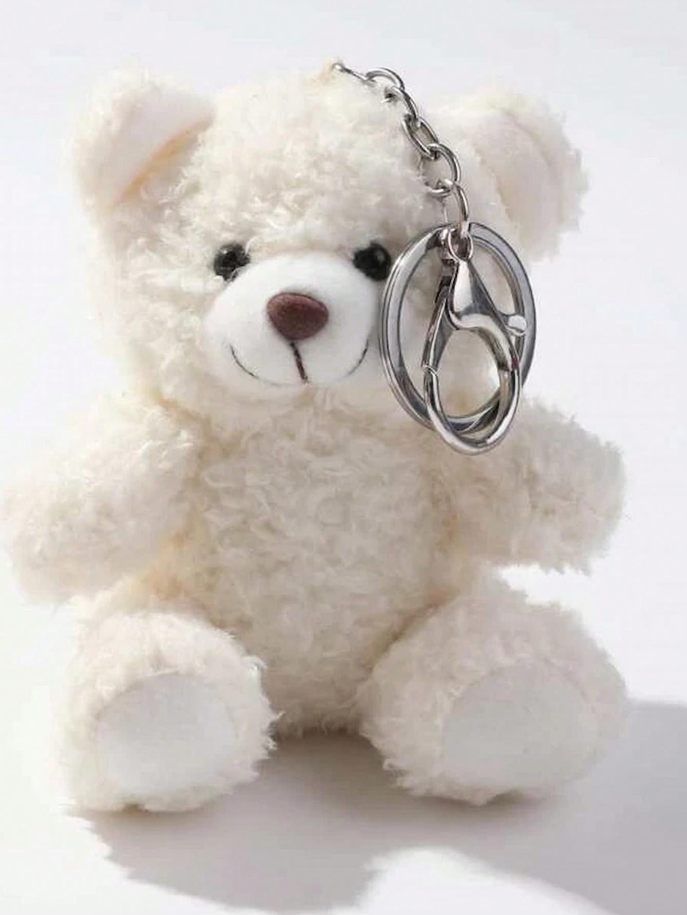 Ours en Peluche Dessin Animé Mignon Moelleux Animal en Peluche Pendentif Portefeuille Poilu Sac à Dos et Sac Cabas Accessoire Porte-Clés de Sac blanc