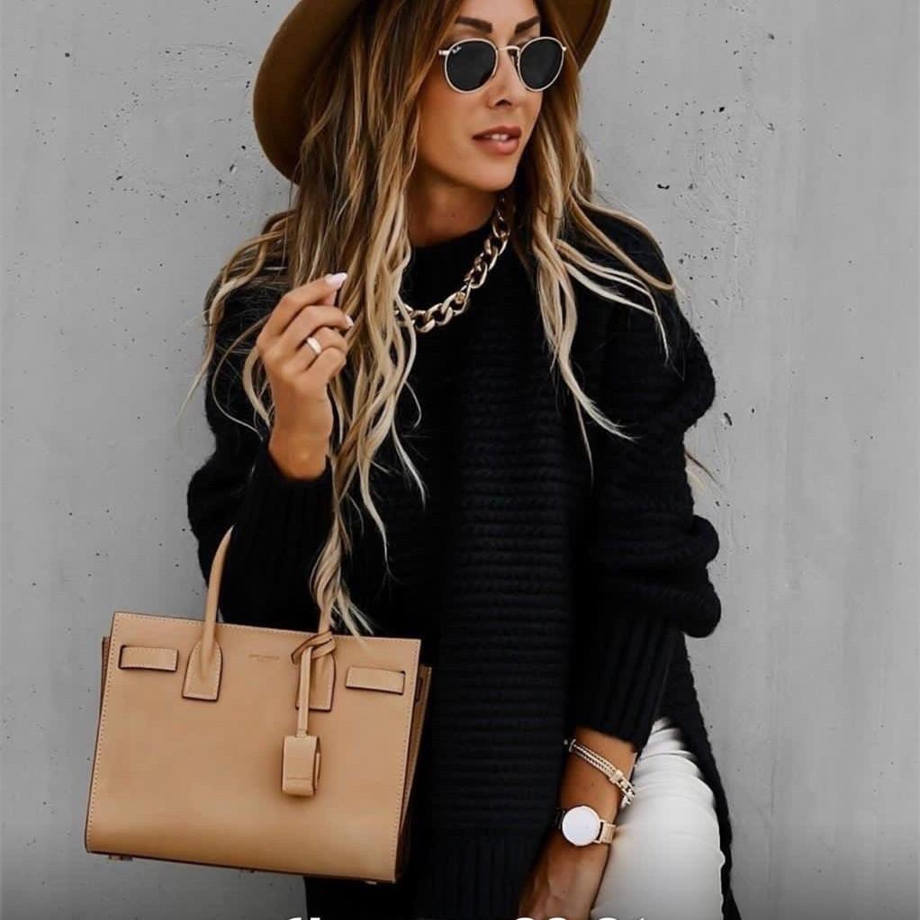 Ensfarvet lanterneermet strikket damegenser halv høy krage side splitt genser topper europeisk og amerikansk dame løse gensere