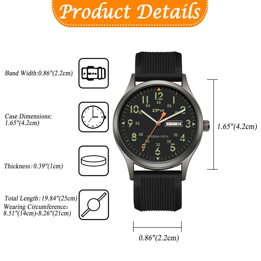 Men's Military Watch with Rubber Strap, Waterproof, Luminous Analog Display, Calendar, Quartz Movement, and Sports Watch - Fashionable Accessory for