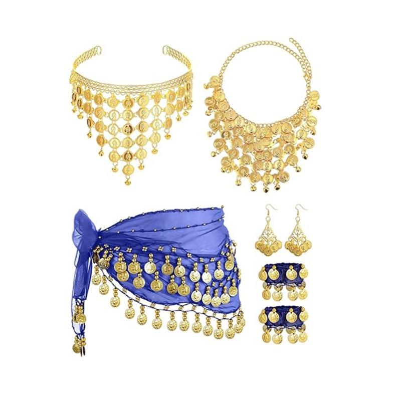 Belly Dance Costumes Bellydance Hip Scarf Wrist Bracelets Coin Head Scarf Earrings Belly Dancer Outfit Set for Womens