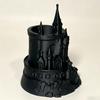 Dark Castle Pen Holder Large-Diameter Storage Desktop Organizer with 3D Micro-Landscape Design Distressed Black Gray Texture Durable Fantasy Decor