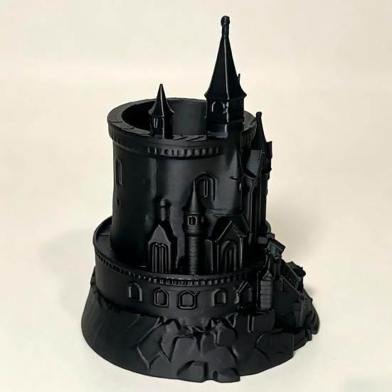 Dark Castle Pen Holder Large-Diameter Storage Desktop Organizer with 3D Micro-Landscape Design Distressed Black Gray Texture Durable Fantasy Decor