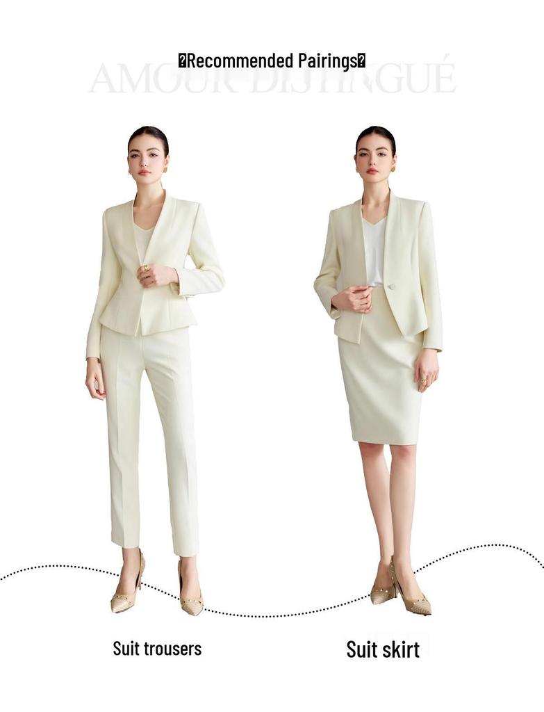 AD Women's Light-Colored Collarless Professional Suit Set - High-End Fashionable Formal Wear for Commuters