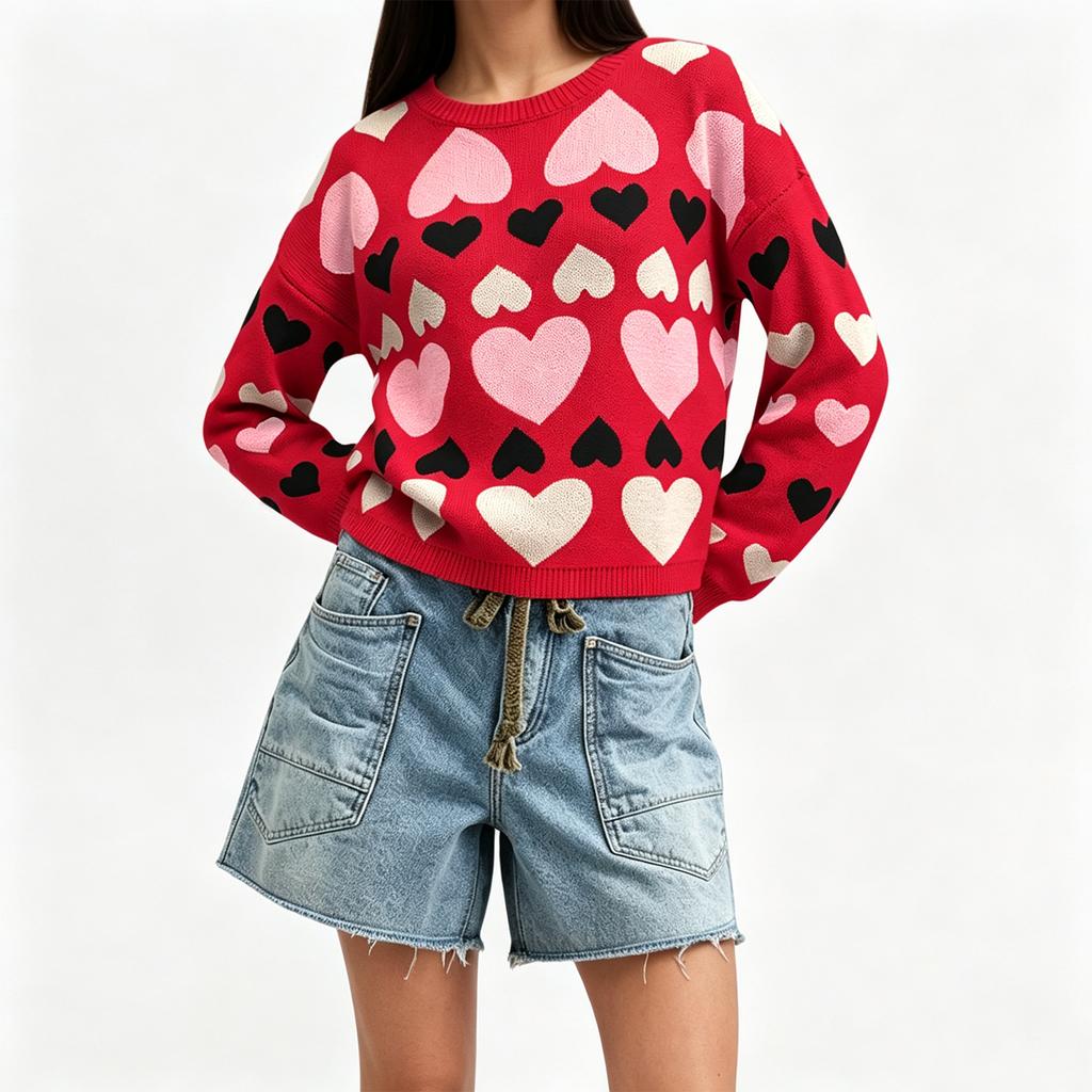 Women's Casual Heart Pattern Round Neck Loose Fit Knit Pullover Sweater