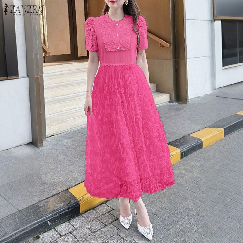 ZANZEA Women Lace Patchwork Casual Round Neck Short Sleeve Long Dress