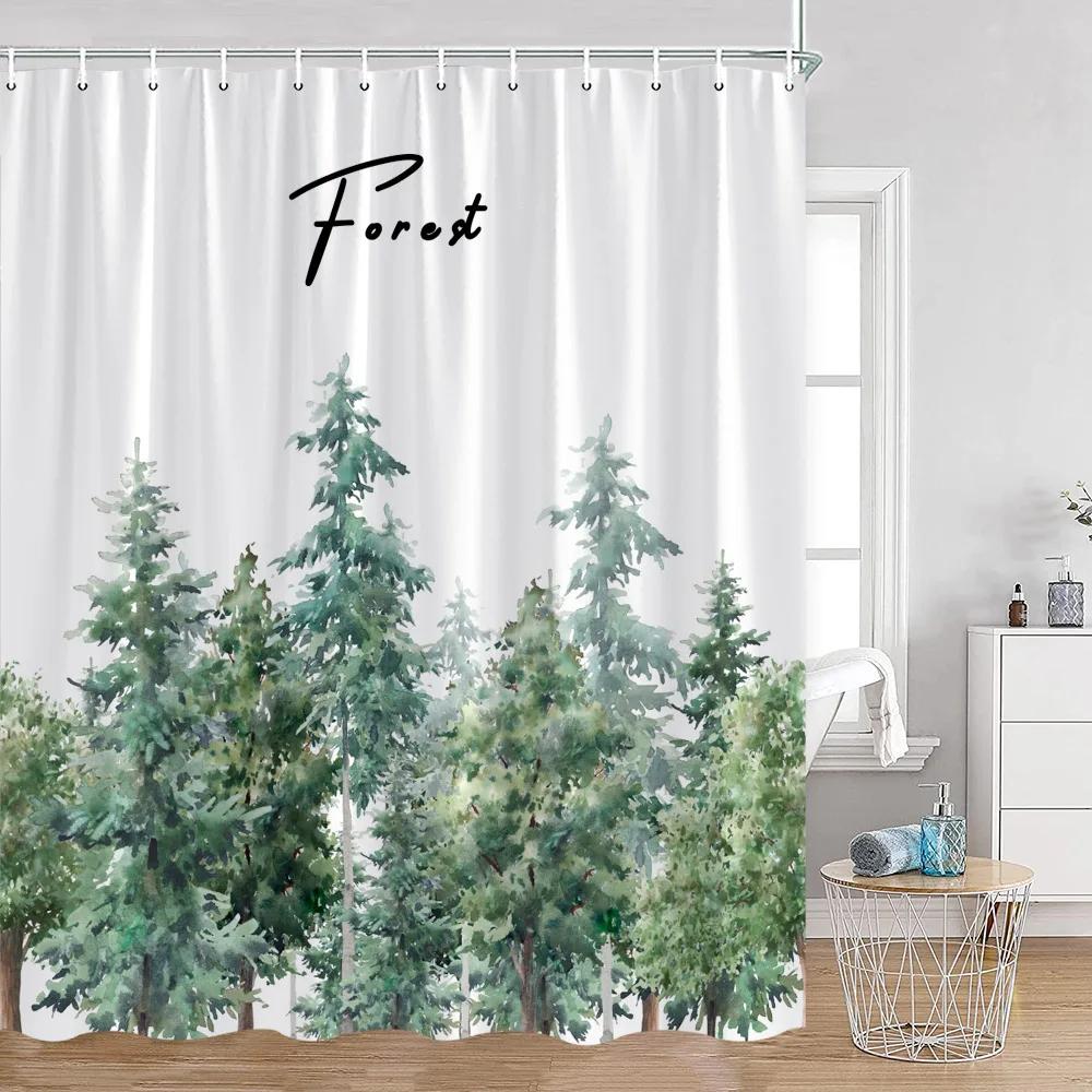 

Занавески для душа «Туманный лес» Заснеженные сосны Зеленые леса Природный ландшафт Минималистский декор ванной комнаты Современная занавеска для ванной из полиэстера 90x180cm-35x70in