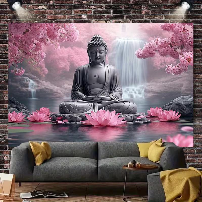 2D Zen Buddha Tapestry Cherry Blossom Waterfall Backdrop Cloth for Living Room