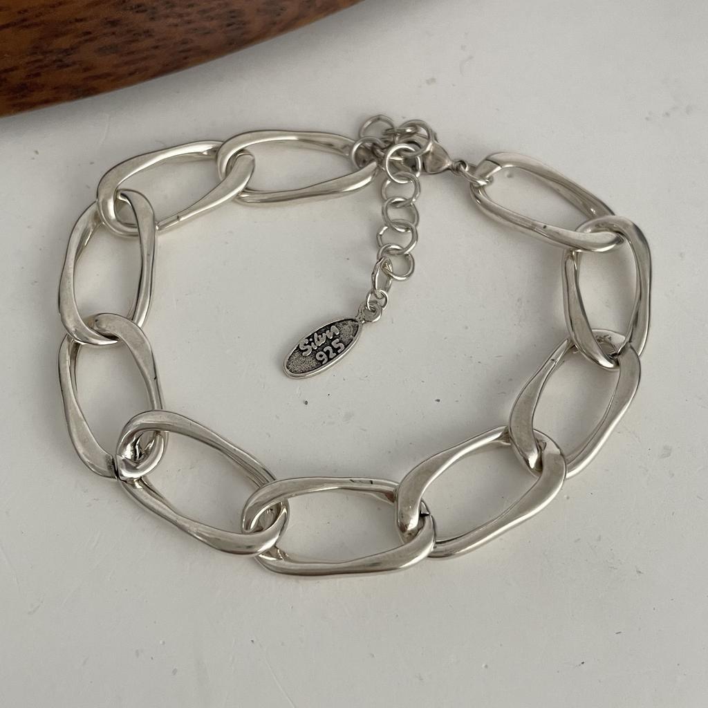 100% Solid 925 Silver Metal Bracelet for Women Vintage Handmade Simple Retro Heart Chain Bracelet Birthday Gift Party