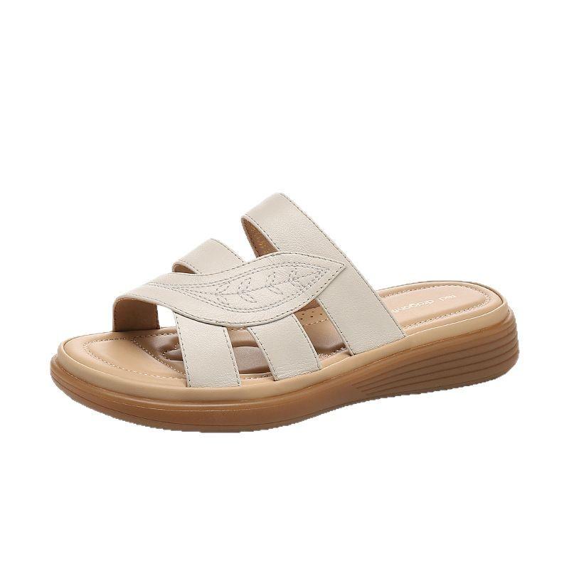 Sandali da donna a fascia in vera pelle Red Dragonfly: Scarpe Piatte Estive, Suola Morbida Antiscivolo, Cinturino Singolo—Perfette per Madri di Mezza Età e Anziane.