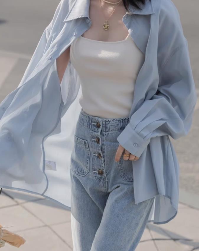 Early Spring Women's French Blue Sheer Sun Protection Shirt