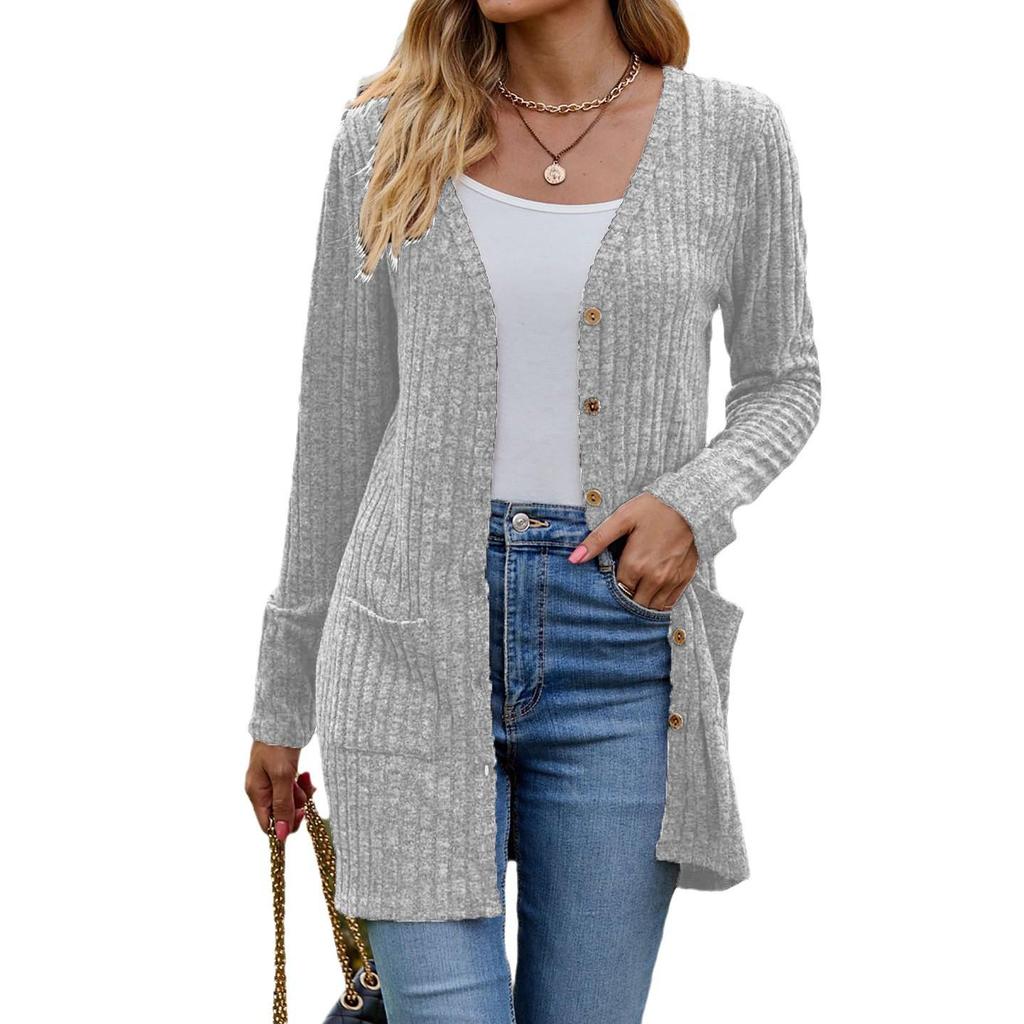 Women's Solid Color Buttoned Cardigan - Striped, Sanded, Long-Sleeve (2024 Autumn/Winter)