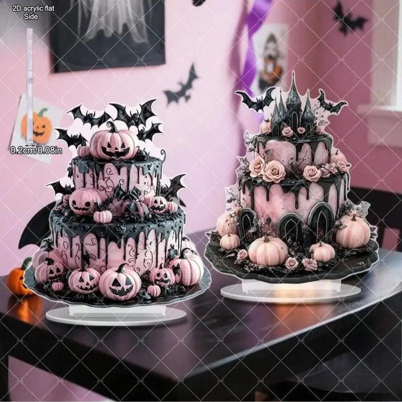 1pcs Halloween Creepy Pink Cake Castle Horror Pumpkin and Bat Tabletop Decoration Ornament - 2D Flat Acrylic Desktop Ornament