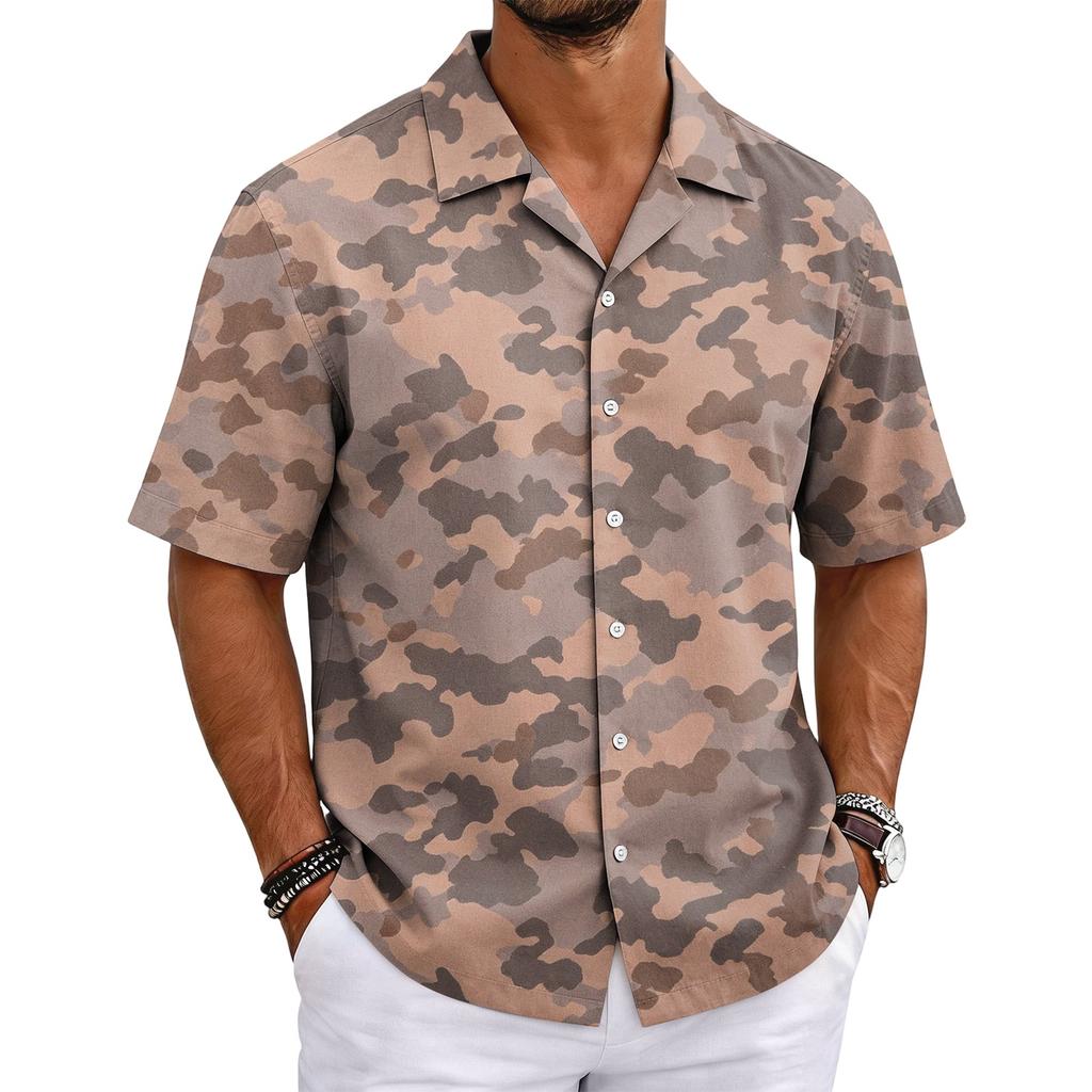 Men's Camouflage Short Sleeve Cuban Collar Shirt Lightweight Breathable Casual Button Down Shirt Summer Beachwear