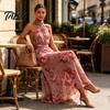 Abito Lungo in Chiffon Floreale da Donna, con Scollo all'Americana, Senza Maniche, Arricciato, Collo Alto, da Ospite di Matrimonio, Cocktail, da Sera