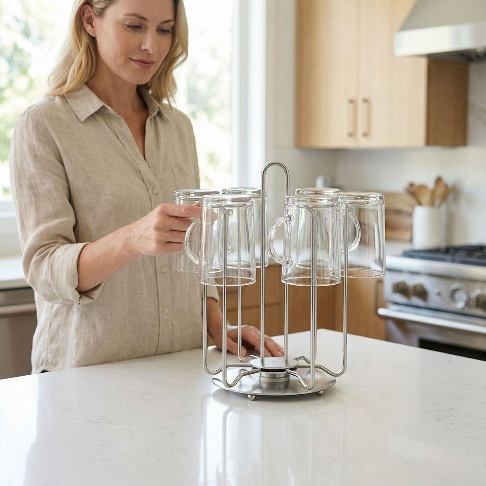 Stainless Steel Rotating Cup Holder Large Capacity Upside-Down Cup Drying Rack with Tray Saving Space Tea Cup Storage Shelf