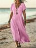 V-Neck Loose Solid Color Cotton Linen Women's Dress