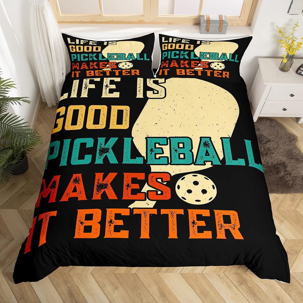 Pickleball Duvet Cover Full Size Ball Sports Gaming Bedding Set Yellow White Quotes Comforter Cover Black Microfiber Quilt Cover