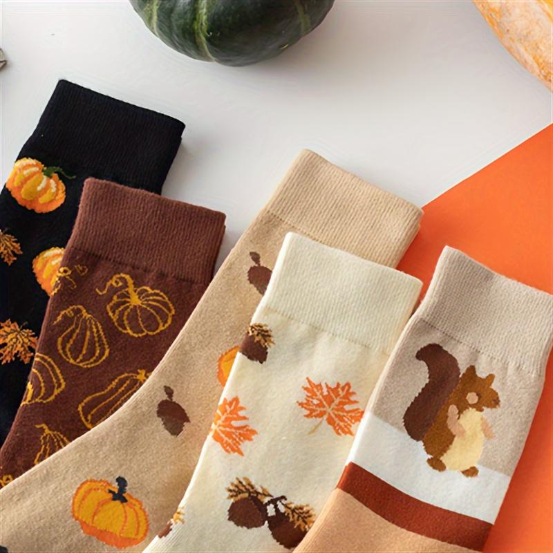 Autumn-Inspired 5 Pairs of Knee-Length Socks with Cartoon Squirrels and Pumpkins Design, Comfortable Fit Polyester Blend with Stretch