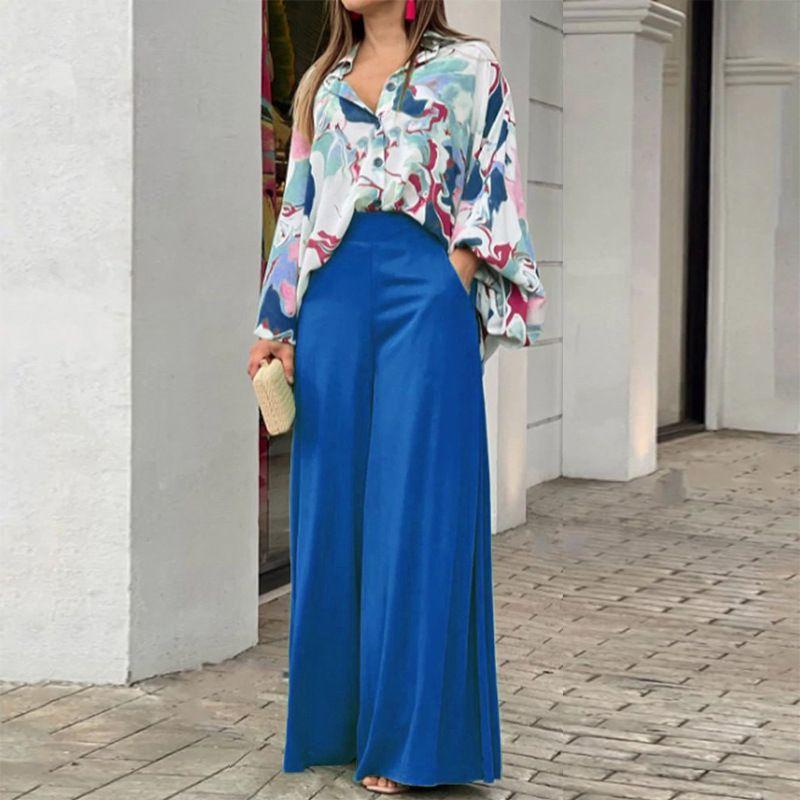 Casual Two Piece Sets Women Loose Casual Print Shirt Tops Loose Pants Two-piece Set
