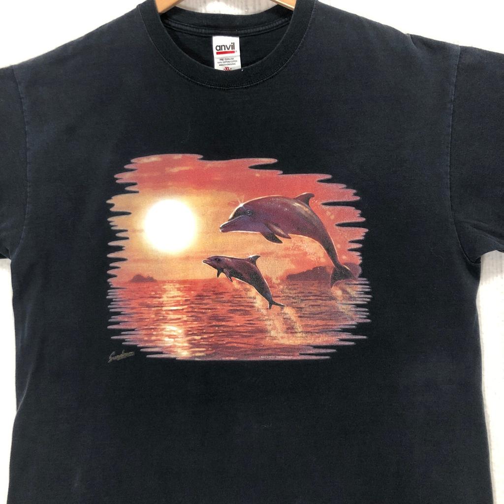 Dolphin Graphic T-Shirt Sunset Ocean Print Short Sleeve Anvil Men's Size XL Unisex T-Shirt