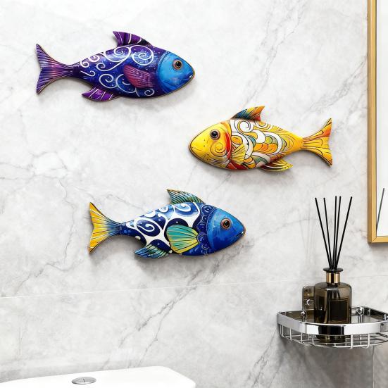 3 Pcs Wooden Fish Wall Art? Beach Nautical Coastal Theme Fish Wall Sculpture Rustic Lake House Hanging Decor for Linving Room Bedroom Home Decoration
