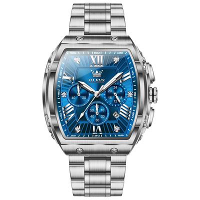 Reloj analógico con una elegante caja de acero inoxidable perfecto para el trabajo o informal. Cuenta con un cronógrafo luminoso, fecha y un azul. Popular entre los hombres, formal,