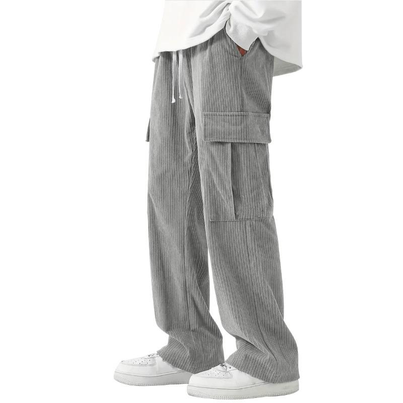 Men Olive Corduroy Cargo Wide Leg Pants Drawstring Elastic Waist Big Side Pocket Streetwear Loose Trousers