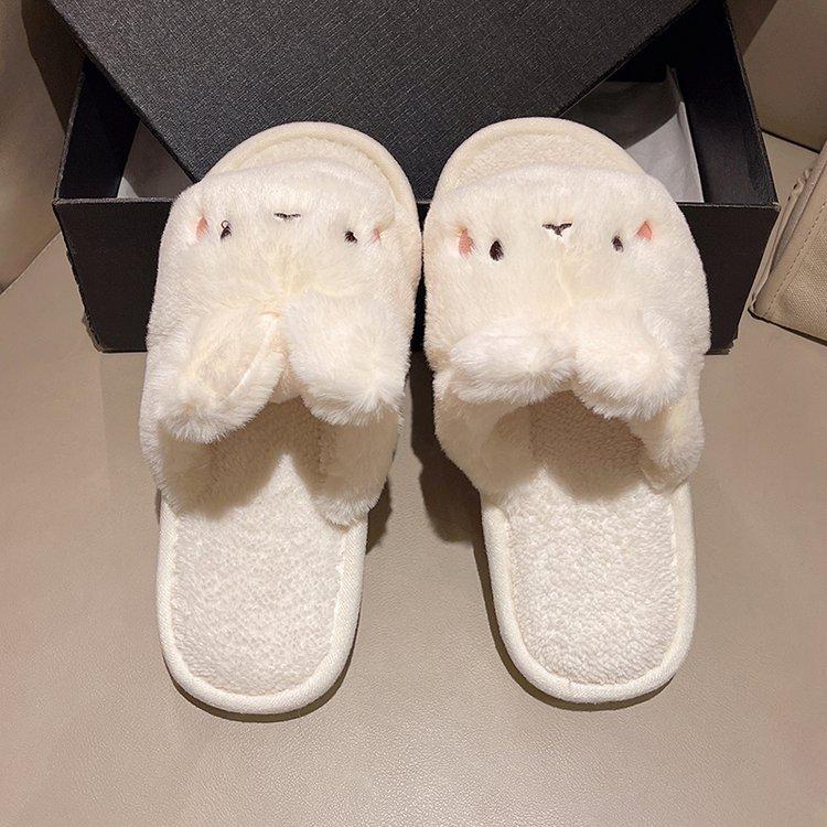 Fashion 2025 Autumn New Home Cartoon Rabbit Cotton Slippers Female Flat Bottom Plush Solid Color Soft Indoor Slides Casual Women's Shoes
