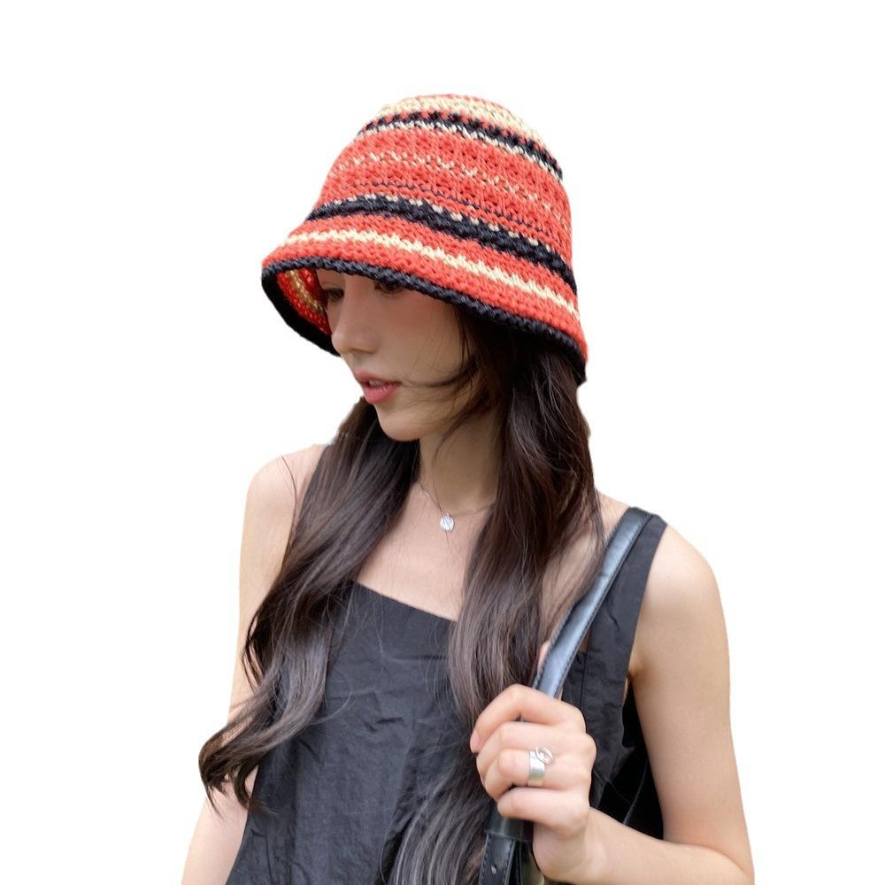 Spring and summer thin handmade knitted fisherman hat striped soft top basin hat versatile sun protection travel visor