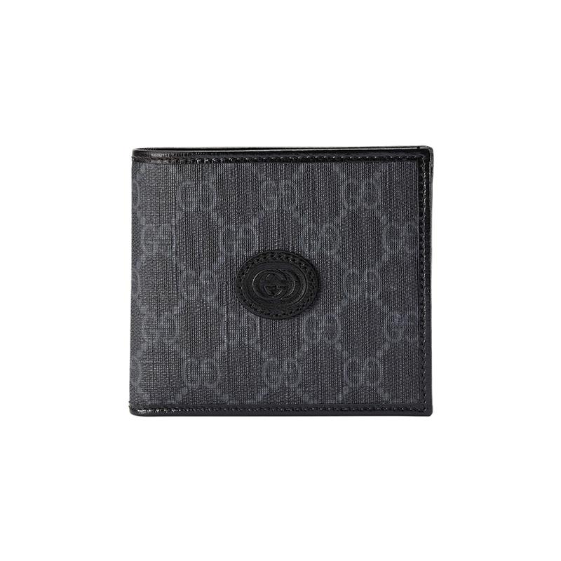 Gucci Interlocking Presbyopia Logo Bifold Card Clip Wallet Canvas with Leather Trim Coin Purse Regular Men's Black