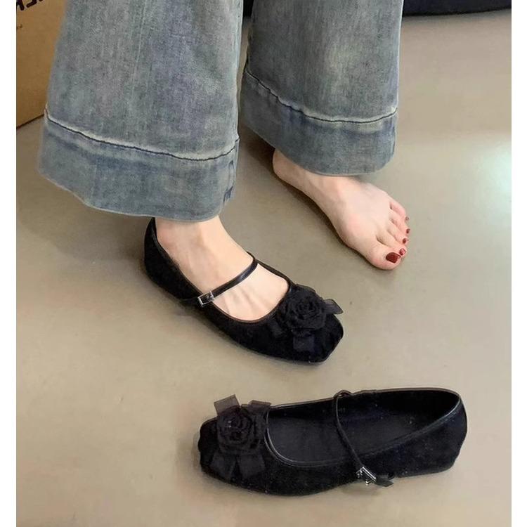 Sheepskin version~ Xiaoxiangfeng camellia leather Mary Jane single shoes women's autumn ballet style flat shoes ballet shoes ladyshoes