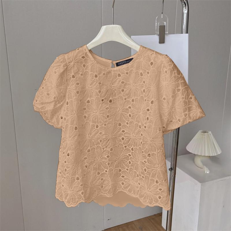 

ZANZEA Женская повседневная блузка с коротким рукавом и круглым вырезом, вышитая в стиле пэчвоук 5XL