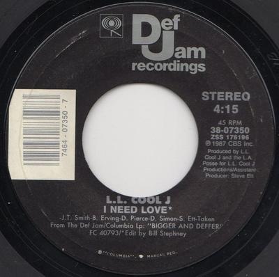 7-Zoll Schallplatte LL COOL J - I Need Love / My Rhyme Ain't Done 3807350 Def Jam Records 1987 US Rap & Hip-Hop/R&B Gebraucht