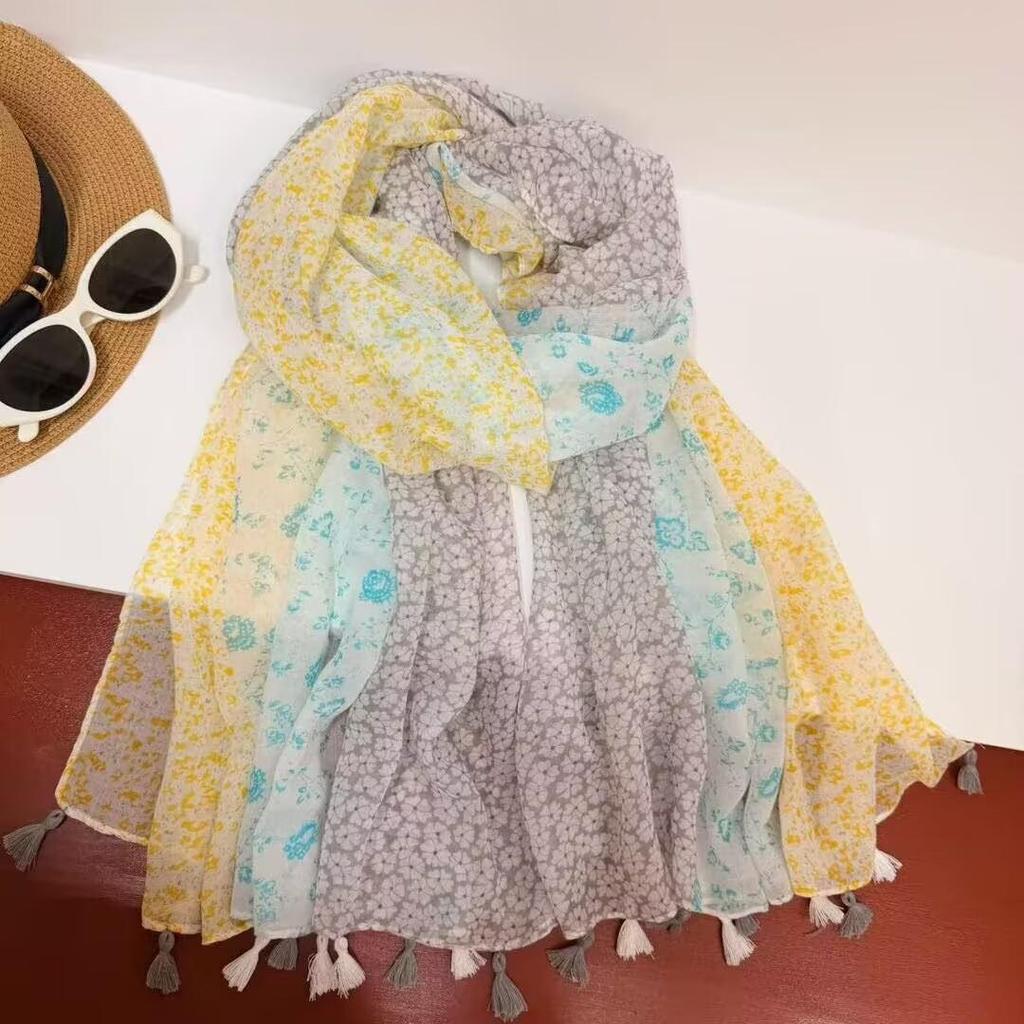Women's Versatile Bali Gauze Cashew Print Tassel Scarf Shawl for Sun Protection