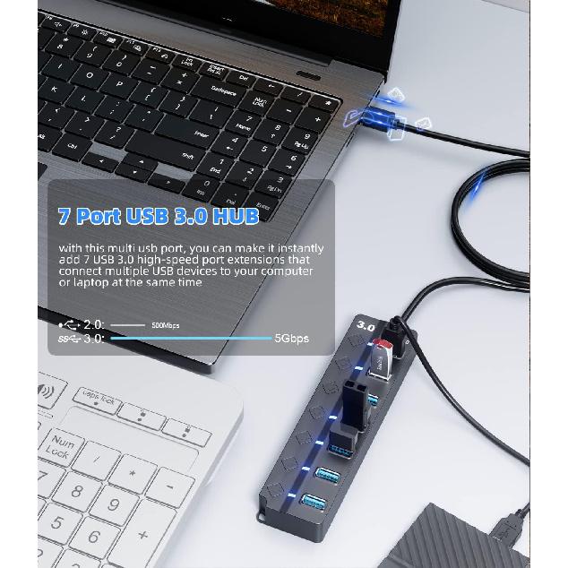 USB 3.0 Hub, PANPEO 7-Port USB Data Hub Splitter with 3ft Long Cable USB Extension for Laptop,PC Computer,Surface Pro, PS4/5, Flash Drive, Mobile HDD