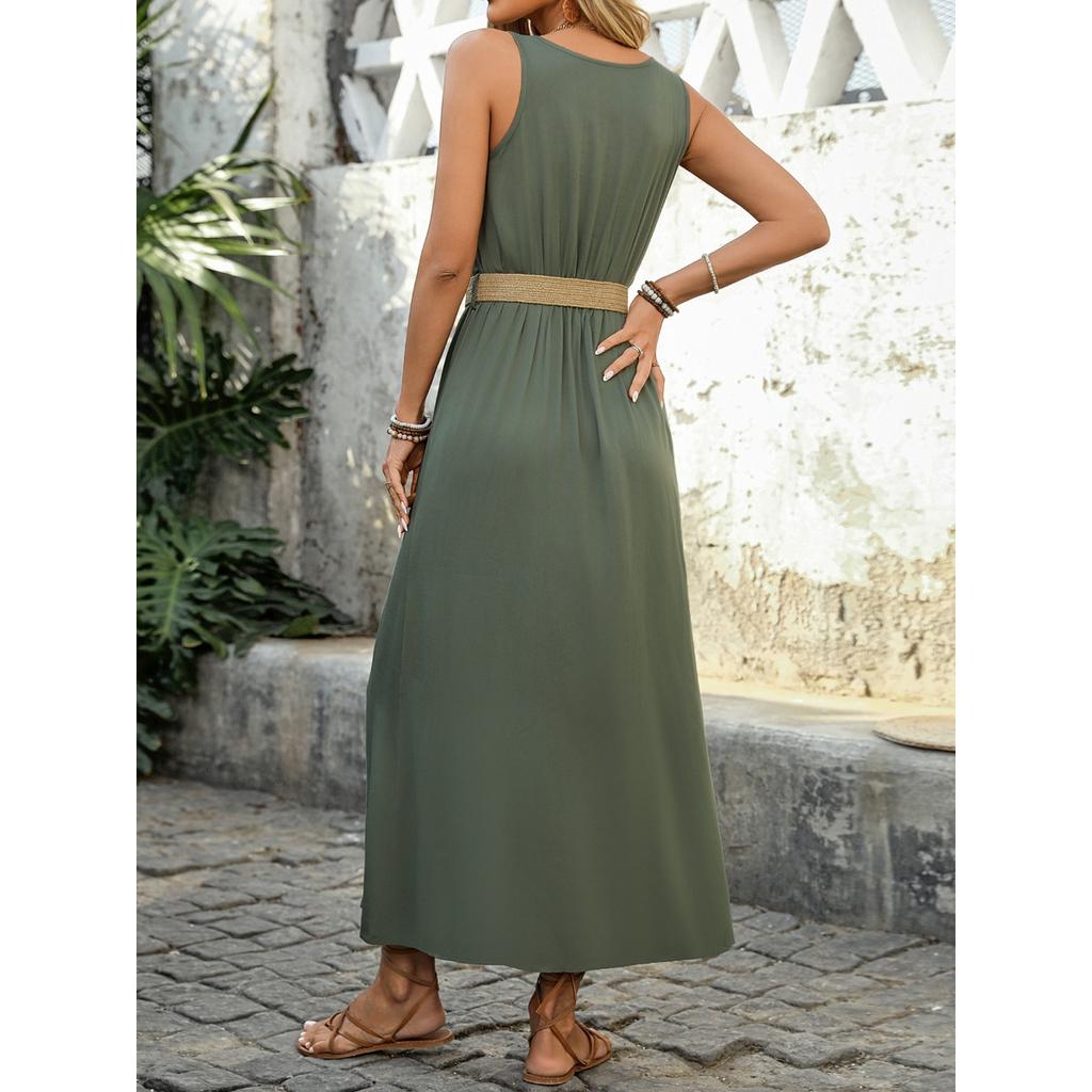 Sommer einfarbig ärmellos V-Ausschnitt lässiges Kleid, europäischer amerikanischer Stil minimalistisches Strandurlaubskleid für Damen