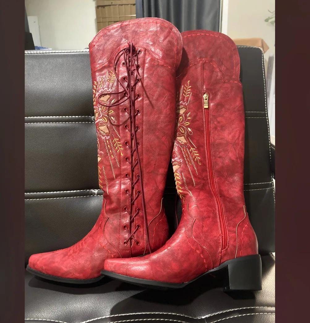 

Мода 2025 Жіночі Ретро Вишивка Вестерн Ковбойські Довгі Чоботи Модні Шнурівка Масивні Підбори Блискавка Гострий Носок До Коліна Чоботи для Верхової Їзди 35-43 Розмір 43