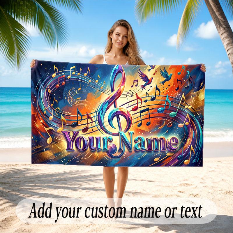 Music General Theme Beach Towel Personalized Custom Name & Text Soft Quick Dry Beach Towel for Swimming Travel