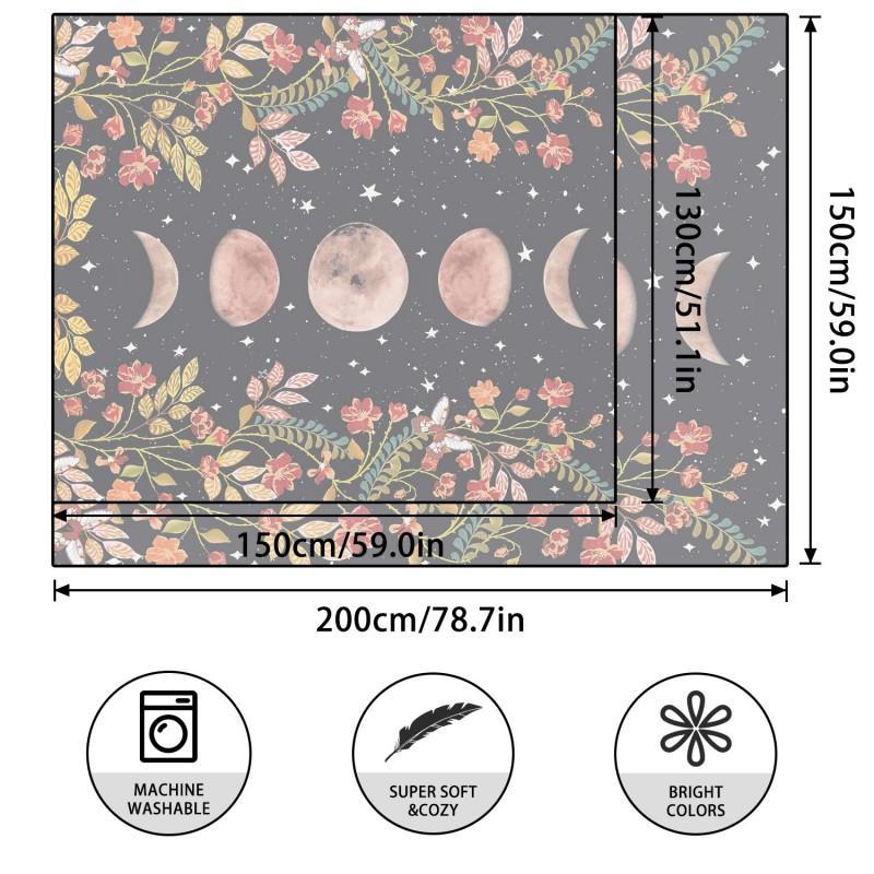 Boho Chic Wall Tapestry With Moon Phase Floral Starry Sky Design Bedroom Yoga Studio Decor