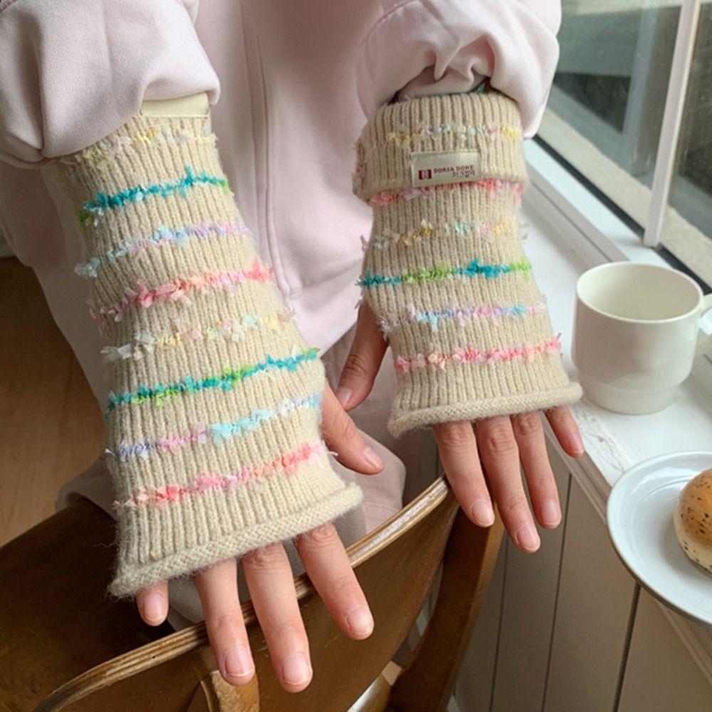 

Вязаные перчатки с толстыми полосками в корейском стиле, митенки без пальцев, милые женские зимние перчатки, студенческие света кофе