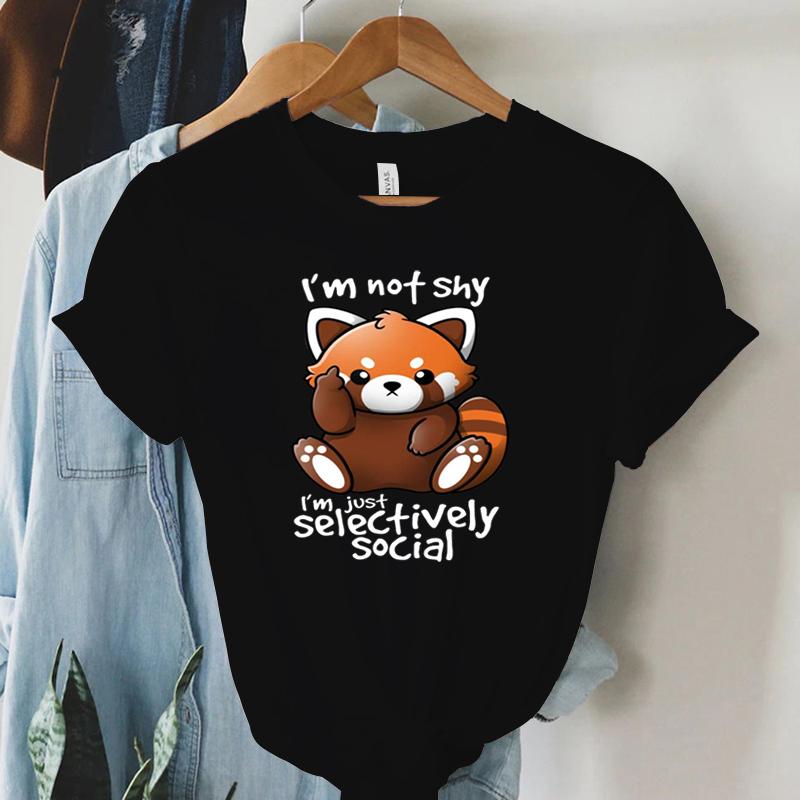 Print Trend Style TShirt Im Not Shy Im Just Selectively Social Womens Cute Panda Oversized T Shirt for Women Y2k Clothing
