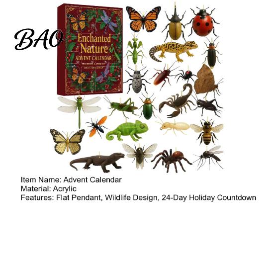 Unique Unboxing Experience 24-Day Christmas Countdown Calendar Box with 24 Insect And Reptile Acrylic Ornaments, 2D Creative Holiday Gifts Flat Animal